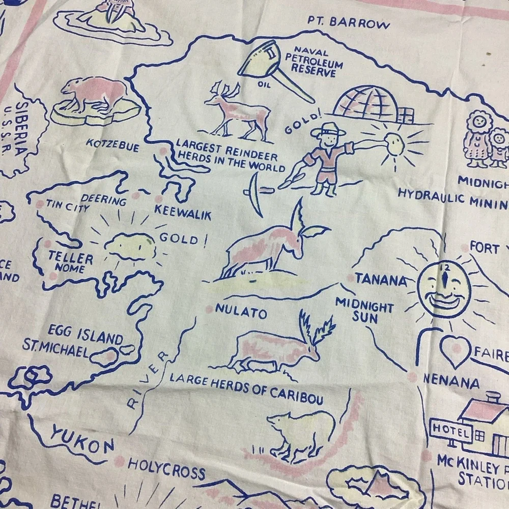 Vintage Alaska state 1950s MCM cotton tablecloth